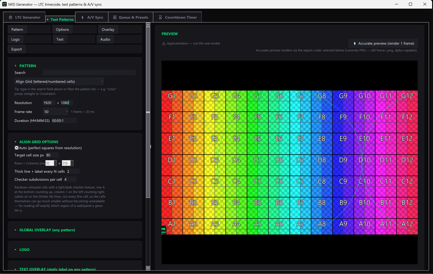 MID Generator Test Patterns tab showing a lettered/numbered alignment grid