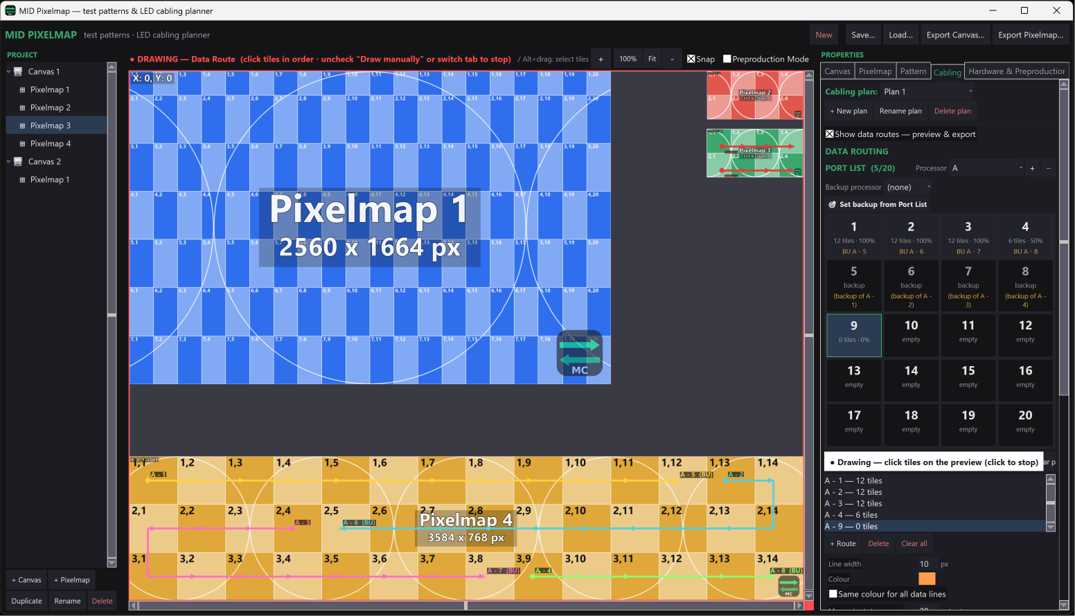 MID Pixelmap cabling planner with backup processor wiring and port list