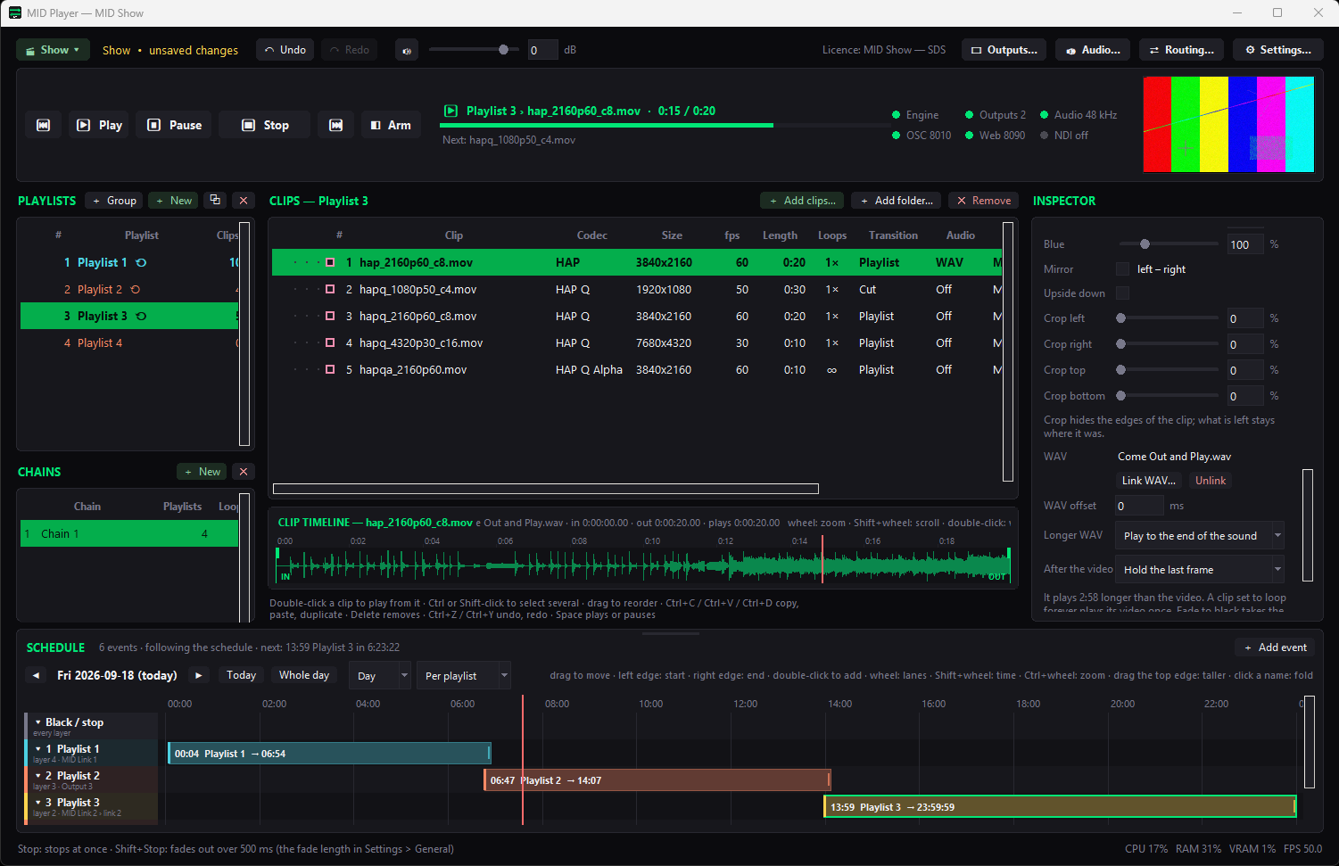 MID Player main window with playlists, clips, the clip timeline, inspector and schedule