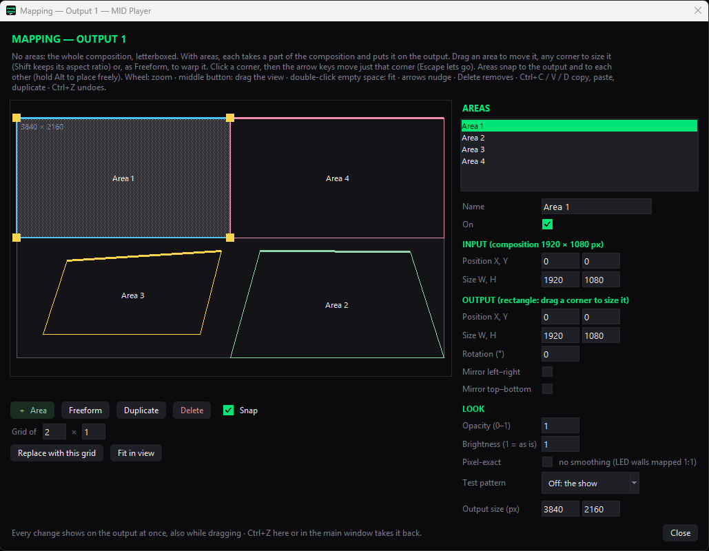 Output mapping of a HAP player: one video cut into Areas and sent to several screens