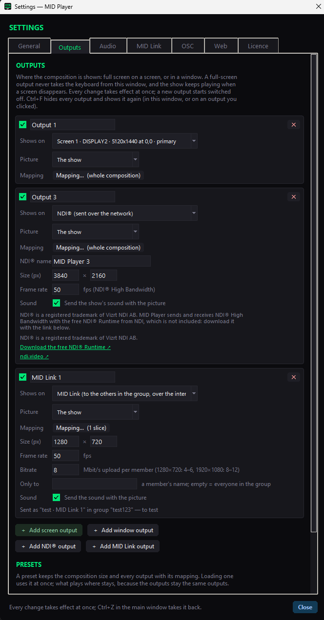 MID Player Settings, Outputs tab, with a screen output, an NDI output and a MID Link output configured