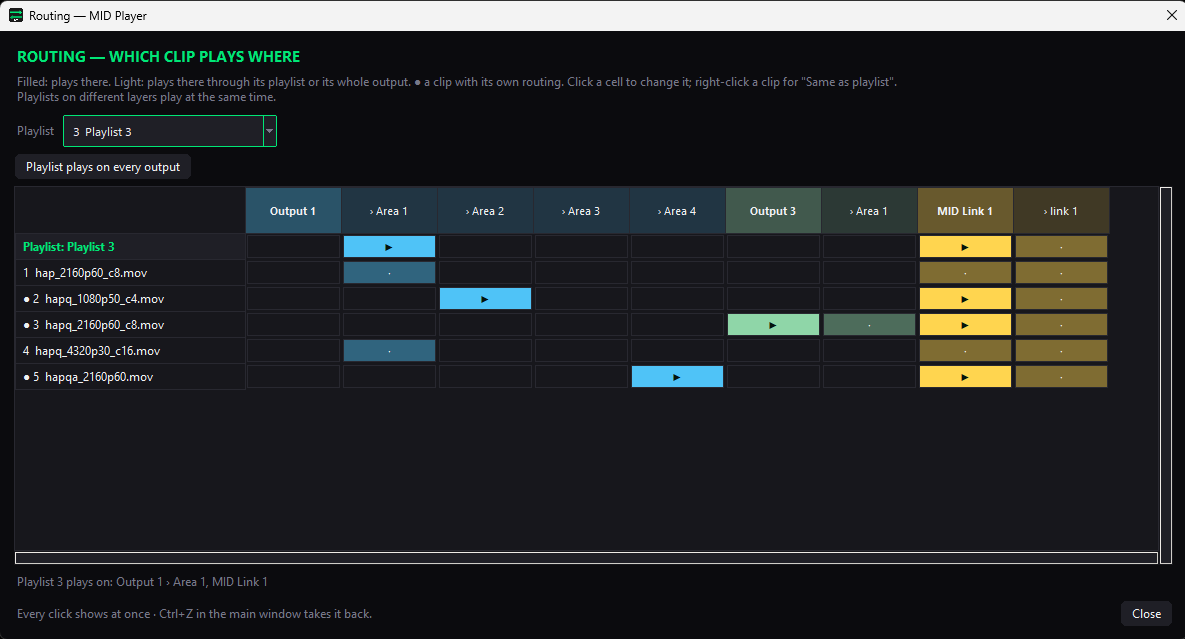 MID Player routing dialog showing which clip of a playlist plays on which output, Area or MID Link output