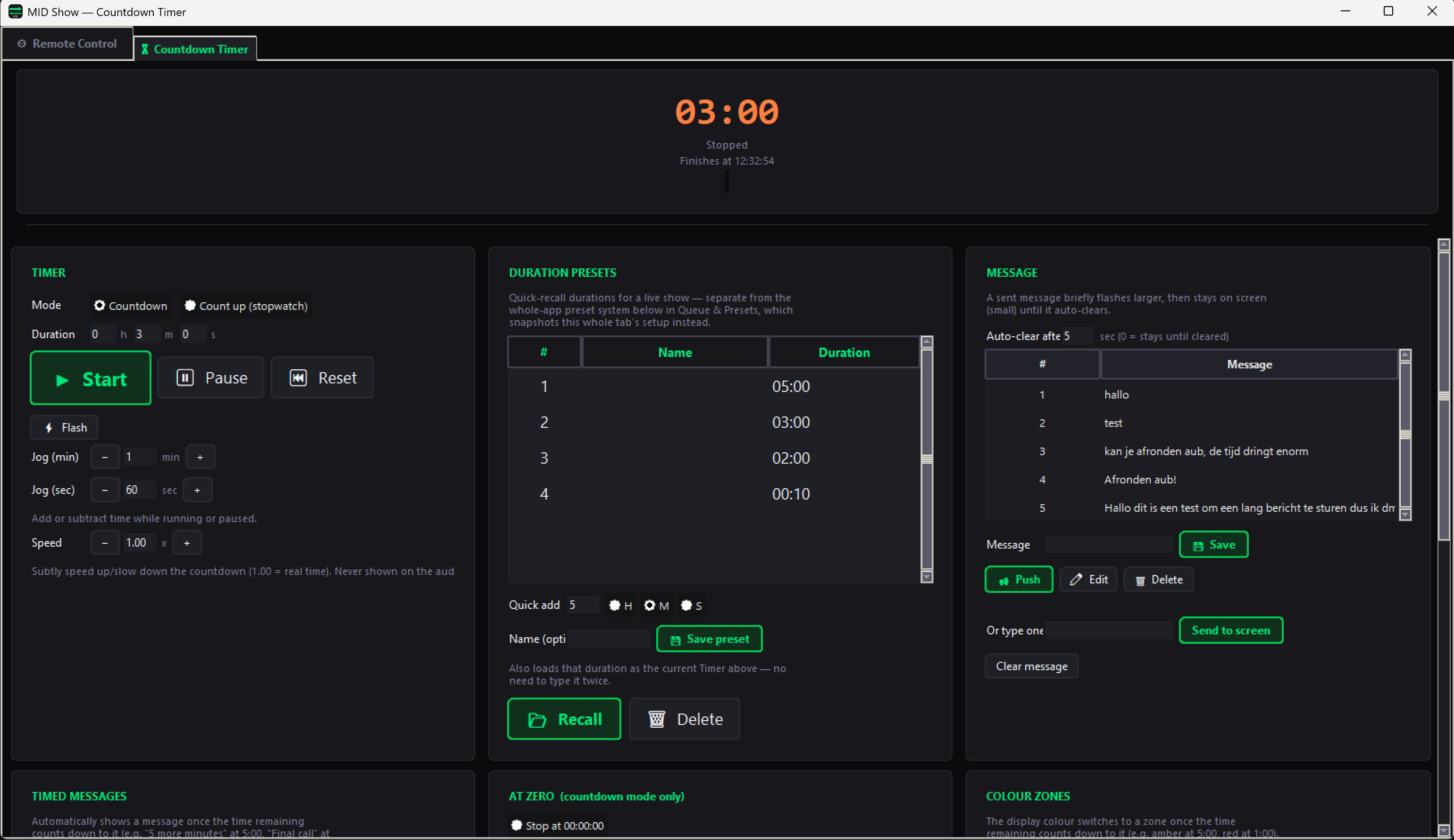 MID Countdown tab with Timer, Duration Presets and Message panels